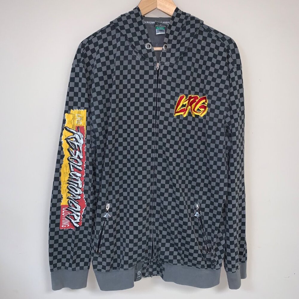 LRG Mens Checkered Hoodie With Bold Logo Design Size XL 100% Cotton Black & Gray